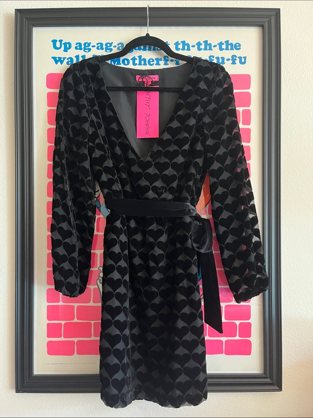 Betsey Johnson Black Velvet Heart-Print Dress NWT